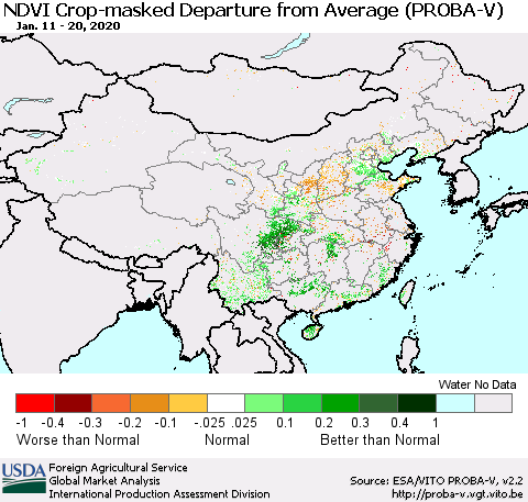 China, Mongolia and Taiwan NDVI Crop-masked Departure from Average (PROBA-V) Thematic Map For 1/11/2020 - 1/20/2020