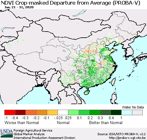 China, Mongolia and Taiwan NDVI Crop-masked Departure from Average (PROBA-V) Thematic Map For 1/21/2020 - 1/31/2020