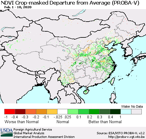 China, Mongolia and Taiwan NDVI Crop-masked Departure from Average (PROBA-V) Thematic Map For 2/1/2020 - 2/10/2020