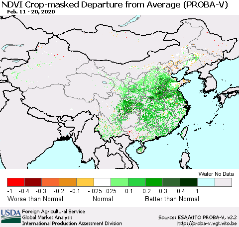 China, Mongolia and Taiwan NDVI Crop-masked Departure from Average (PROBA-V) Thematic Map For 2/11/2020 - 2/20/2020