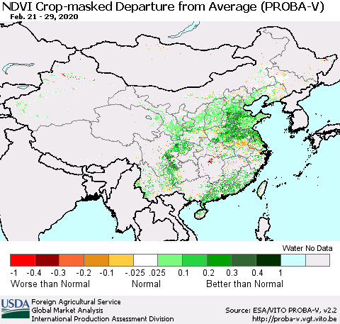 China, Mongolia and Taiwan NDVI Crop-masked Departure from Average (PROBA-V) Thematic Map For 2/21/2020 - 2/29/2020
