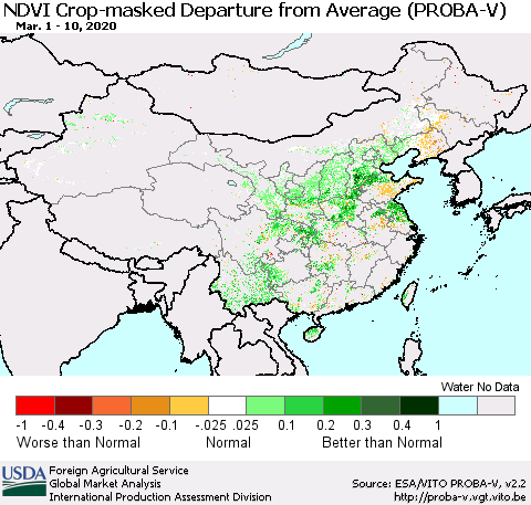 China, Mongolia and Taiwan NDVI Crop-masked Departure from Average (PROBA-V) Thematic Map For 3/1/2020 - 3/10/2020