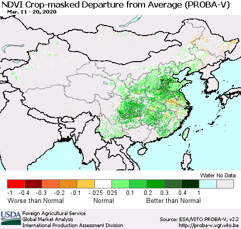 China, Mongolia and Taiwan NDVI Crop-masked Departure from Average (PROBA-V) Thematic Map For 3/11/2020 - 3/20/2020