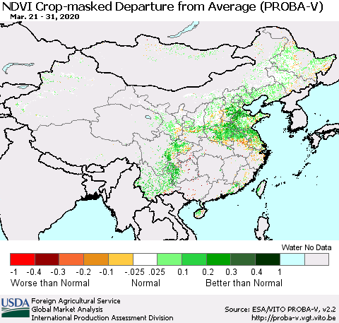 China, Mongolia and Taiwan NDVI Crop-masked Departure from Average (PROBA-V) Thematic Map For 3/21/2020 - 3/31/2020