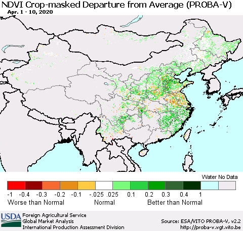 China, Mongolia and Taiwan NDVI Crop-masked Departure from Average (PROBA-V) Thematic Map For 4/1/2020 - 4/10/2020