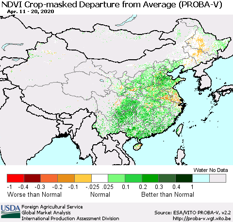 China, Mongolia and Taiwan NDVI Crop-masked Departure from Average (PROBA-V) Thematic Map For 4/11/2020 - 4/20/2020