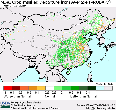 China, Mongolia and Taiwan NDVI Crop-masked Departure from Average (PROBA-V) Thematic Map For 5/1/2020 - 5/10/2020