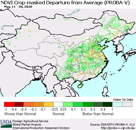China, Mongolia and Taiwan NDVI Crop-masked Departure from Average (PROBA-V) Thematic Map For 5/11/2020 - 5/20/2020