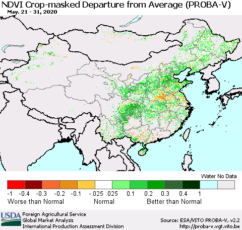 China, Mongolia and Taiwan NDVI Crop-masked Departure from Average (PROBA-V) Thematic Map For 5/21/2020 - 5/31/2020