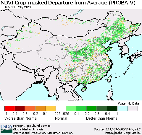 China, Mongolia and Taiwan NDVI Crop-masked Departure from Average (PROBA-V) Thematic Map For 6/11/2020 - 6/20/2020