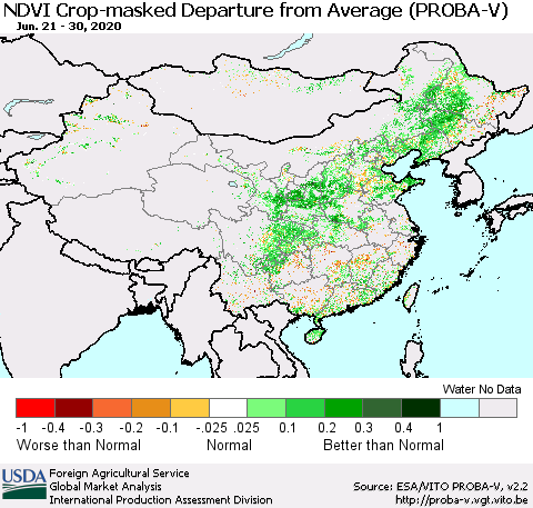 China, Mongolia and Taiwan NDVI Crop-masked Departure from Average (PROBA-V) Thematic Map For 6/21/2020 - 6/30/2020