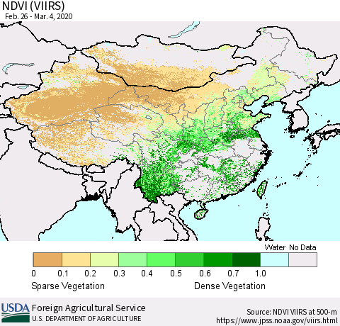 China and Taiwan NDVI (VIIRS) Thematic Map For 3/1/2020 - 3/10/2020