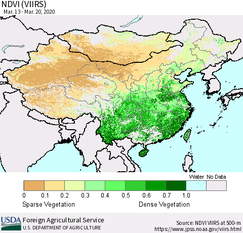 China, Mongolia and Taiwan NDVI (VIIRS) Thematic Map For 3/11/2020 - 3/20/2020