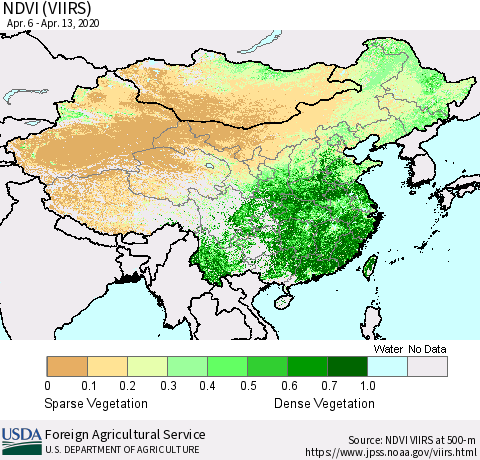 China, Mongolia and Taiwan NDVI (VIIRS) Thematic Map For 4/11/2020 - 4/20/2020