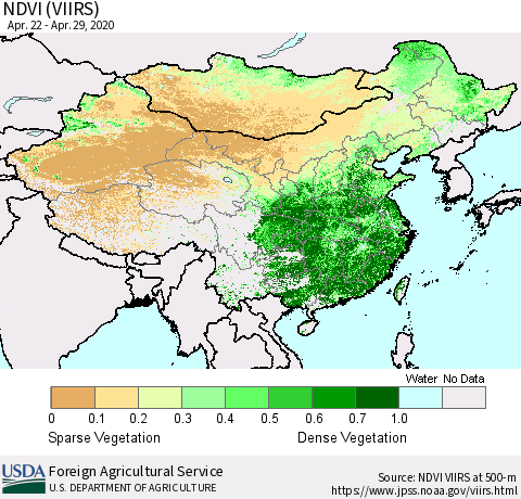 China, Mongolia and Taiwan NDVI (VIIRS) Thematic Map For 4/21/2020 - 4/30/2020