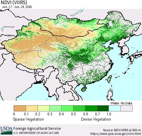 China, Mongolia and Taiwan NDVI (VIIRS) Thematic Map For 6/21/2020 - 6/30/2020