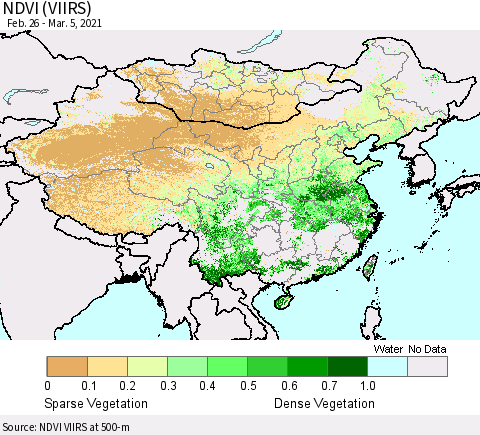 China, Mongolia and Taiwan NDVI (VIIRS) Thematic Map For 2/26/2021 - 3/5/2021