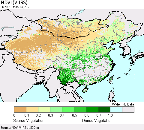 China, Mongolia and Taiwan NDVI (VIIRS) Thematic Map For 3/6/2021 - 3/13/2021
