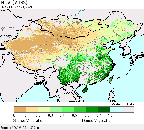 China, Mongolia and Taiwan NDVI (VIIRS) Thematic Map For 3/14/2021 - 3/21/2021