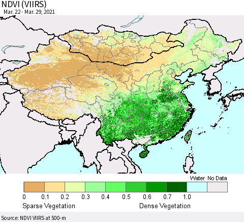 China, Mongolia and Taiwan NDVI (VIIRS) Thematic Map For 3/22/2021 - 3/29/2021