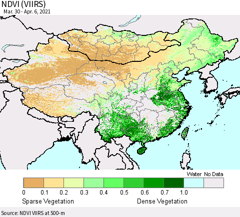 China, Mongolia and Taiwan NDVI (VIIRS) Thematic Map For 3/30/2021 - 4/6/2021