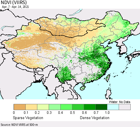 China, Mongolia and Taiwan NDVI (VIIRS) Thematic Map For 4/7/2021 - 4/14/2021