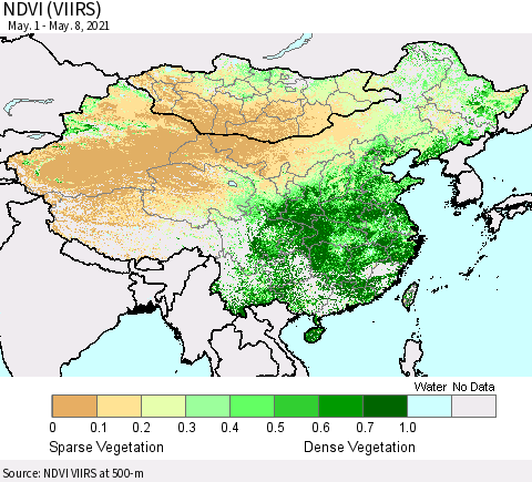 China, Mongolia and Taiwan NDVI (VIIRS) Thematic Map For 5/1/2021 - 5/8/2021