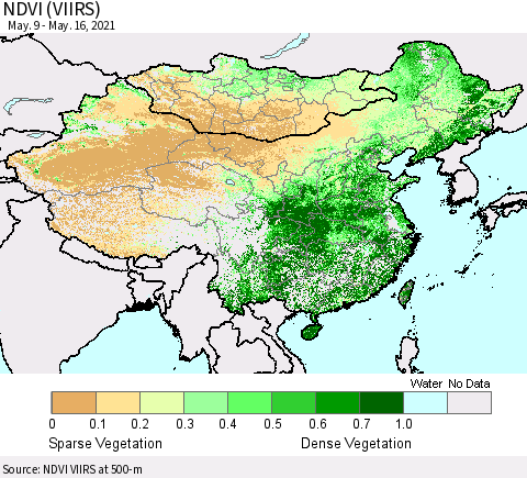 China, Mongolia and Taiwan NDVI (VIIRS) Thematic Map For 5/9/2021 - 5/16/2021