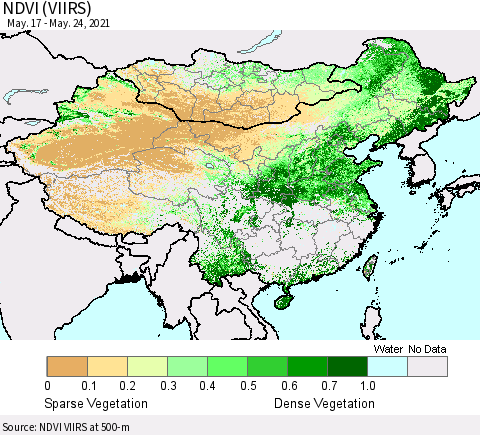 China, Mongolia and Taiwan NDVI (VIIRS) Thematic Map For 5/17/2021 - 5/24/2021