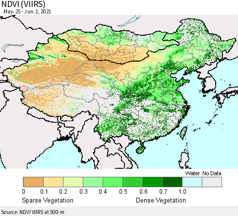 China, Mongolia and Taiwan NDVI (VIIRS) Thematic Map For 5/25/2021 - 6/1/2021