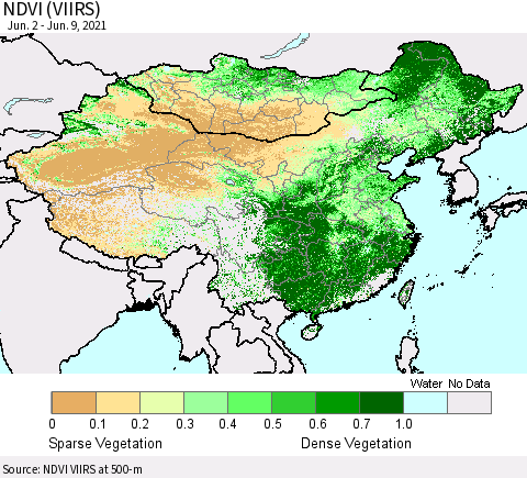 China, Mongolia and Taiwan NDVI (VIIRS) Thematic Map For 6/2/2021 - 6/9/2021