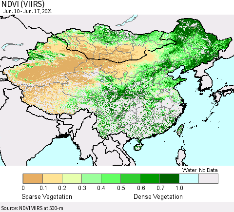 China, Mongolia and Taiwan NDVI (VIIRS) Thematic Map For 6/10/2021 - 6/17/2021