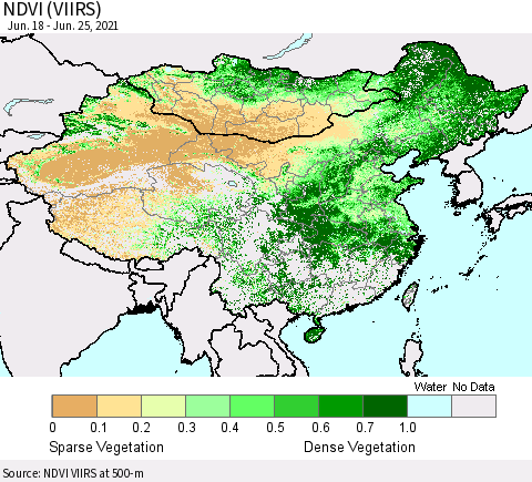 China, Mongolia and Taiwan NDVI (VIIRS) Thematic Map For 6/18/2021 - 6/25/2021