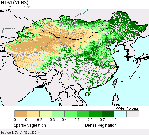 China, Mongolia and Taiwan NDVI (VIIRS) Thematic Map For 6/26/2021 - 7/3/2021