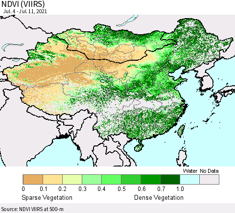 China, Mongolia and Taiwan NDVI (VIIRS) Thematic Map For 7/4/2021 - 7/11/2021