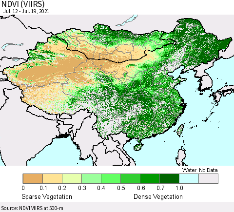 China, Mongolia and Taiwan NDVI (VIIRS) Thematic Map For 7/12/2021 - 7/19/2021