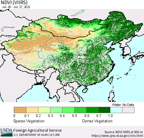 China and Taiwan NDVI (VIIRS) Thematic Map For 7/21/2021 - 7/31/2021