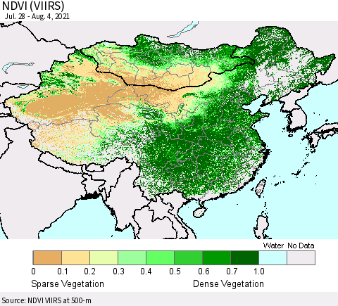 China, Mongolia and Taiwan NDVI (VIIRS) Thematic Map For 7/28/2021 - 8/4/2021