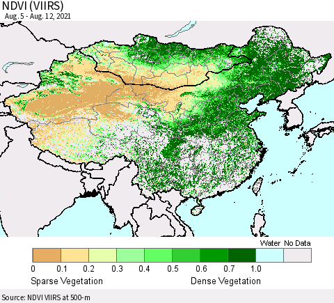 China, Mongolia and Taiwan NDVI (VIIRS) Thematic Map For 8/5/2021 - 8/12/2021