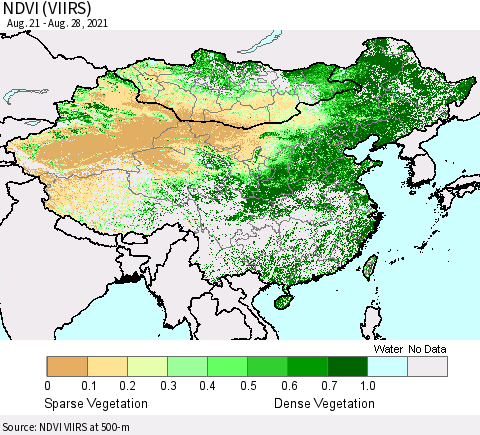 China, Mongolia and Taiwan NDVI (VIIRS) Thematic Map For 8/21/2021 - 8/28/2021