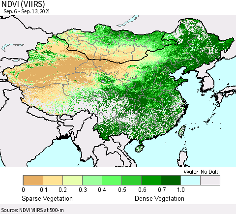 China, Mongolia and Taiwan NDVI (VIIRS) Thematic Map For 9/6/2021 - 9/13/2021
