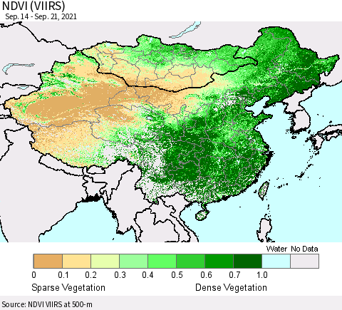China, Mongolia and Taiwan NDVI (VIIRS) Thematic Map For 9/14/2021 - 9/21/2021