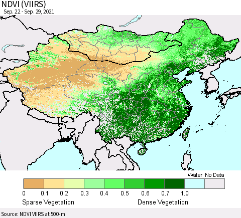 China, Mongolia and Taiwan NDVI (VIIRS) Thematic Map For 9/22/2021 - 9/29/2021