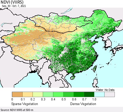 China, Mongolia and Taiwan NDVI (VIIRS) Thematic Map For 9/30/2021 - 10/7/2021