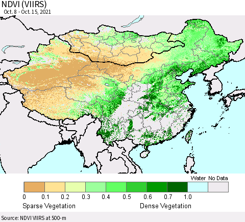 China, Mongolia and Taiwan NDVI (VIIRS) Thematic Map For 10/8/2021 - 10/15/2021