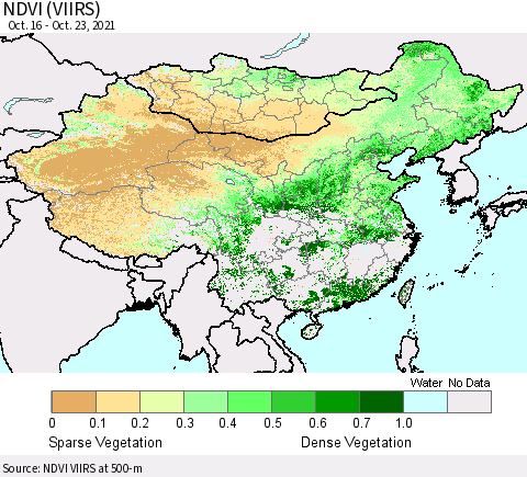 China, Mongolia and Taiwan NDVI (VIIRS) Thematic Map For 10/16/2021 - 10/23/2021
