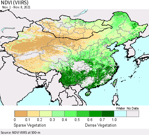 China, Mongolia and Taiwan NDVI (VIIRS) Thematic Map For 11/1/2021 - 11/8/2021