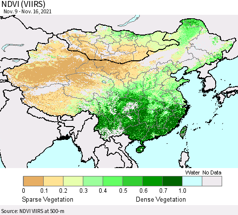 China, Mongolia and Taiwan NDVI (VIIRS) Thematic Map For 11/9/2021 - 11/16/2021