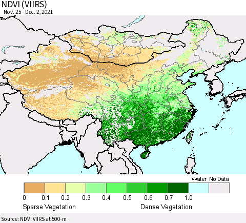 China, Mongolia and Taiwan NDVI (VIIRS) Thematic Map For 11/25/2021 - 12/2/2021
