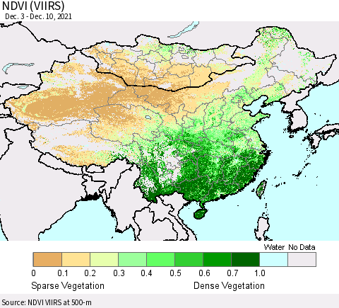 China, Mongolia and Taiwan NDVI (VIIRS) Thematic Map For 12/3/2021 - 12/10/2021